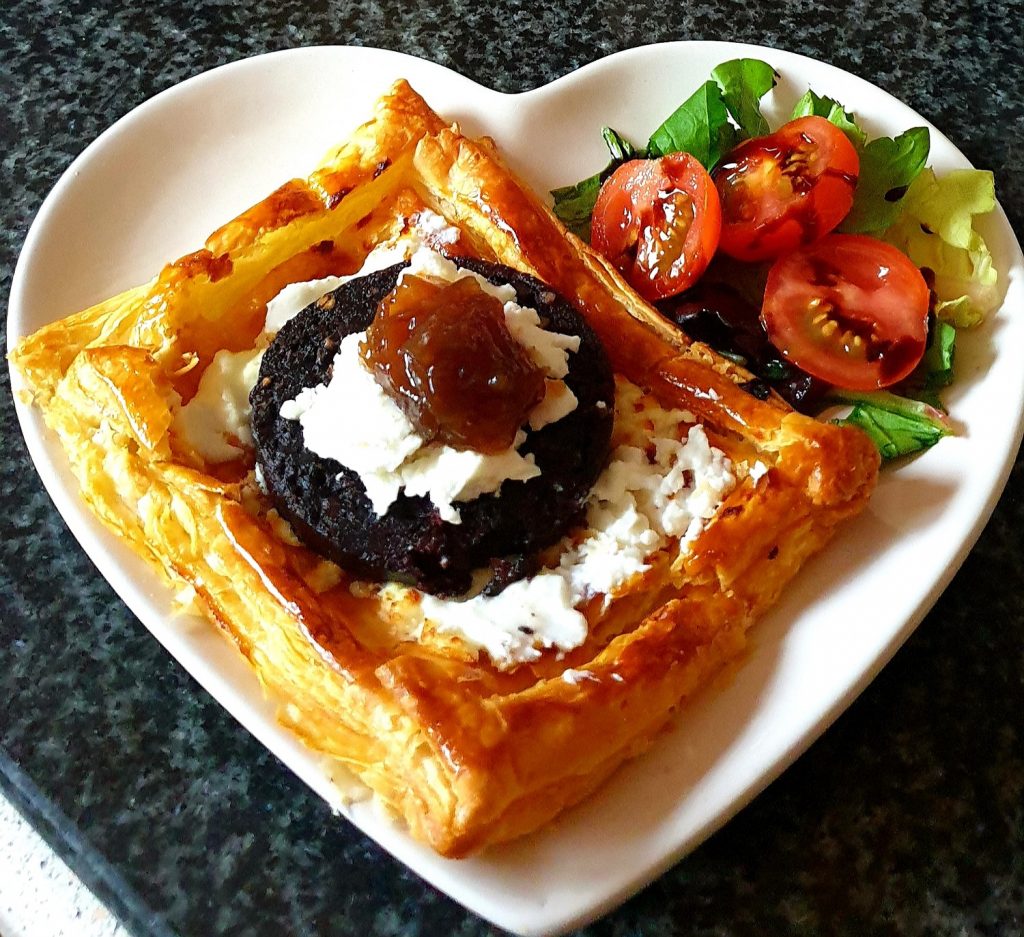Black Pudding Tarts with Goats cheese and onion relish Feed Your
